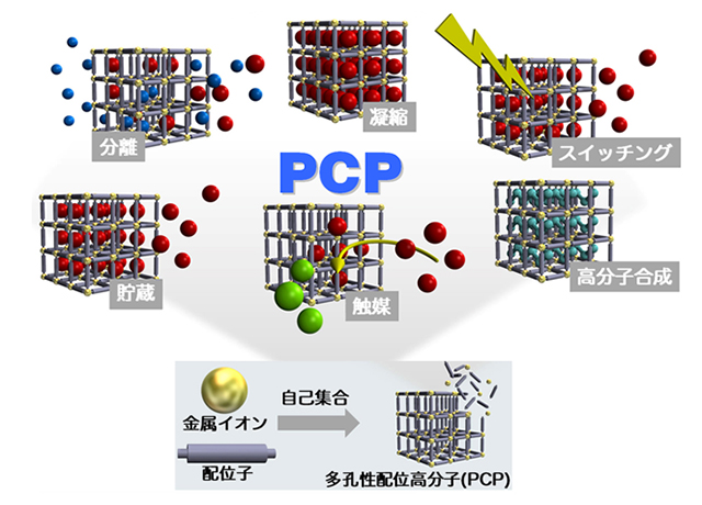多孔性配位高分子（PCP）の構築と多様な機能：PCPは、金属イオンと配位子が自己集合することで規則的な骨格を形成する（図下部）。このようにして形成されたPCP内細孔では、ガス分離、貯蔵、凝縮から触媒反応、高分子合成などが期待され、光など外部刺激による状態や機能変化も期待できる。